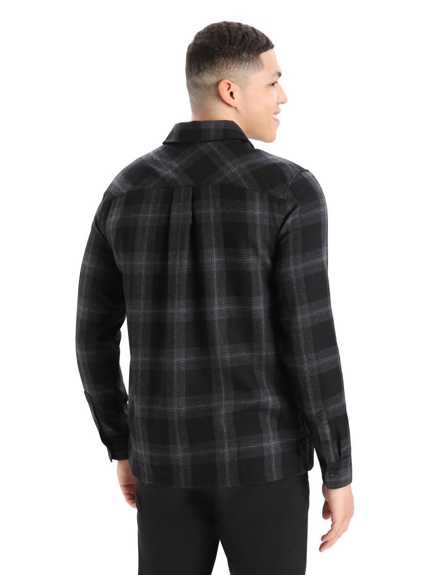 Men's Icebreaker Merino Dawnder Long Sleeve Flannel Shirt Plaid Hoodie Jet Heather | CA 1691GSOL